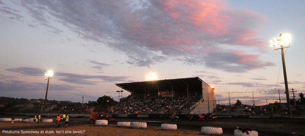 Petaluma speedway at dusk with beautiful red orange and purple skies. Photo by M&M photos