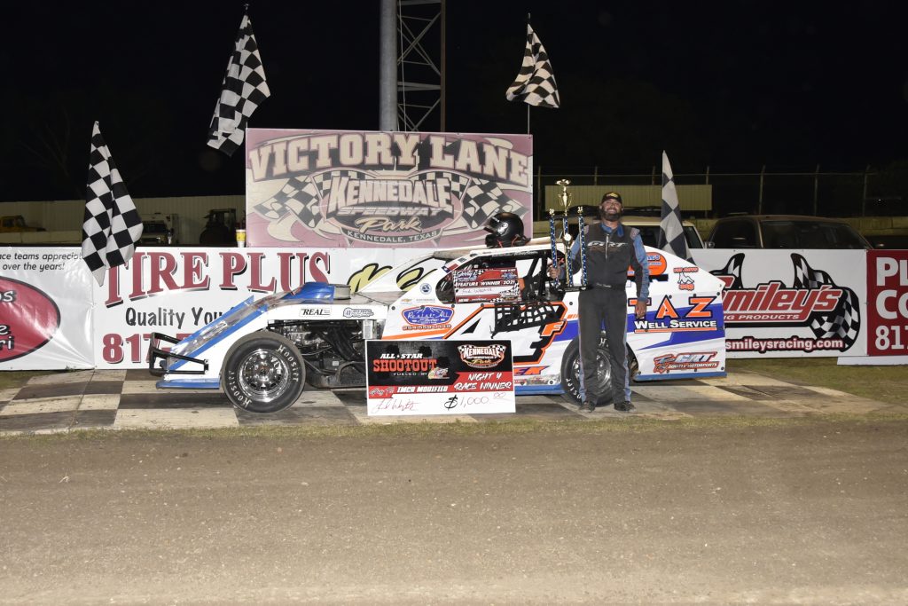 Fred Wojtek’s first IMCA Modified win of the season and first-ever win at Kennedale Speedway Park came on Saturday night, in the fourth installment of the All Star Shootout. (Photo by Debbie Hix)