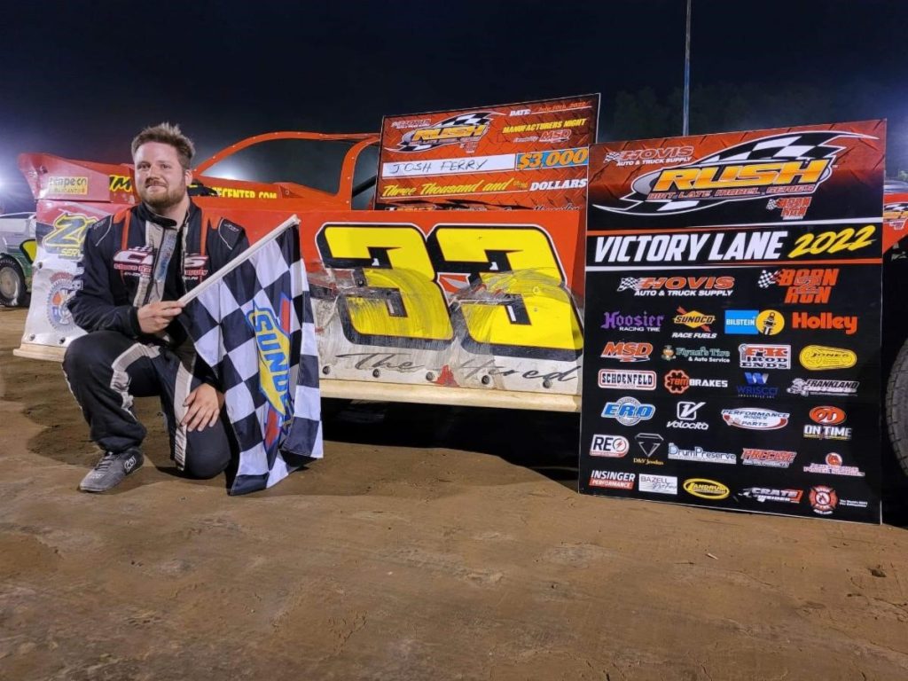 JOSH FERRY PASSES ERIEZ STANDOUT JASON GENCO TO SCORE AN UPSET CAREER 1ST HOVIS RUSH LATE MODEL FLYNN'S TIRE TOUR VICTORY TO BECOME 8TH DIFFERENT WINNER IN 11 RACES; OVER $28,000 IN PRODUCT AWARDED FOR "MFG NIGHT" PRESENTED BY MSD