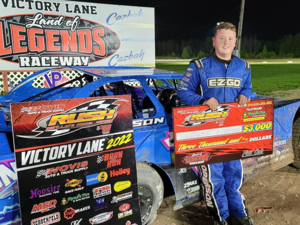 LOGAN ROBERSON WITHSTANDS CHALLENGES FROM JEREMY WONDERLING TO WIN THE 1ST EVER HOVIS RUSH LATE MODEL FLYNN’S TIRE TOUR RACE AT LAND OF LEGENDS