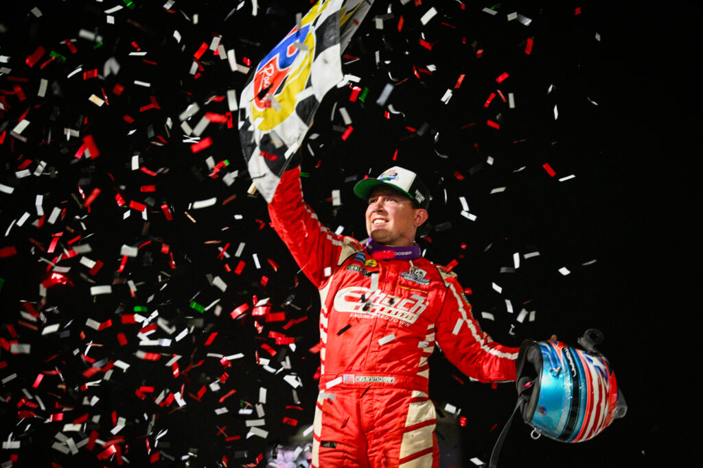 Devin Moran celebrating in victory lane at Volusia Speedway after winning the feature Friday, February 14th, 2025