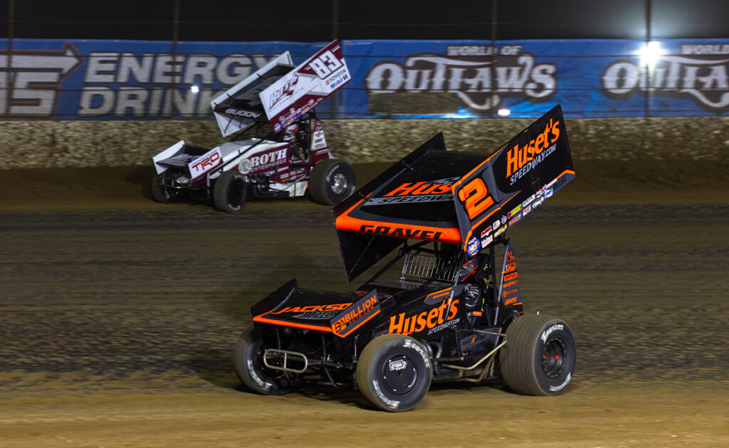 David Gravel driving to victory in his Huset's Speedway number 2 at Cotton Bowl Speedway
